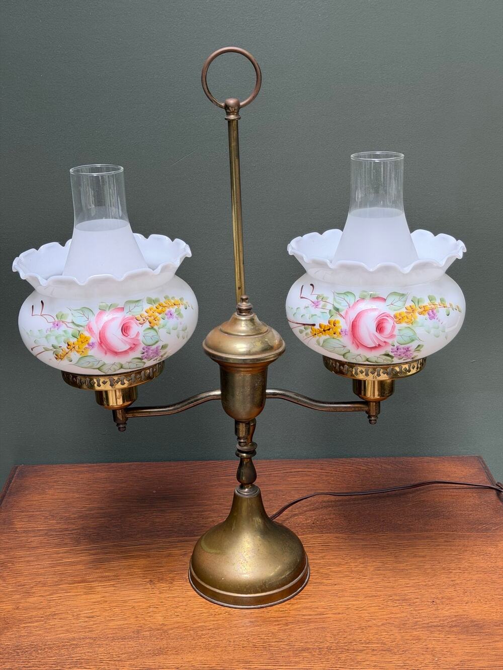 Vintage Brass Double Arm Student Lamp w/ Hand-painted Milk Glass Shades